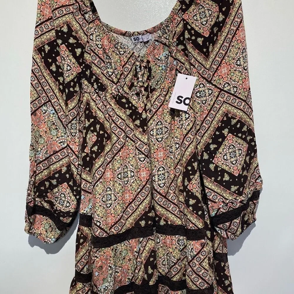 SO Women's Brown‎ Multi Lace Inset Tiered Long Sleeve Babydoll Dress Medium NWT